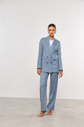 Blazer Feminino Cruzado Azul Risca de Giz