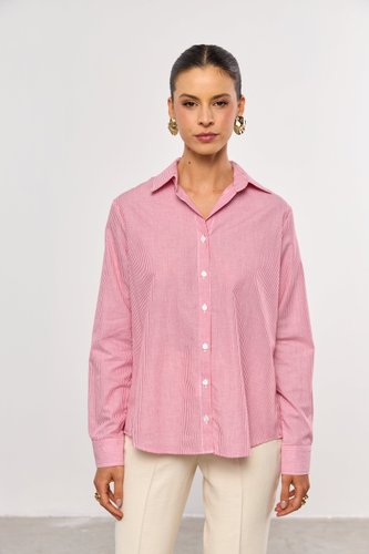 Camisa Feminina de Algodão Ombro Deslocado Listrada