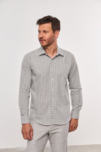 Camisa Masculina Slim Manga Comprida Cinza Xadrez