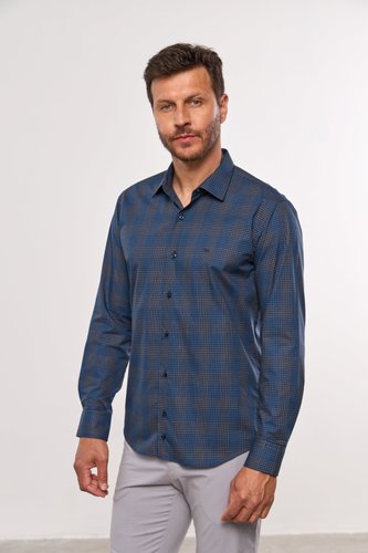 Camisa Masculina Social Slim Manga Comprida Marinho Xadrez