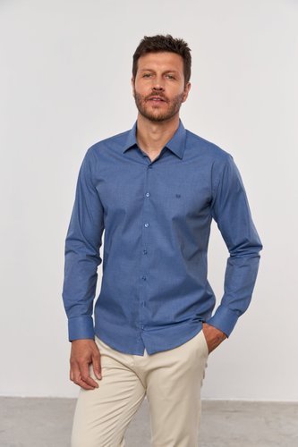 Camisa Social Masculina Slim Manga Comprida Azul Escuro