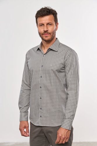 Camisa Social Slim Masculina Manga Comprida Cinza Xadrez