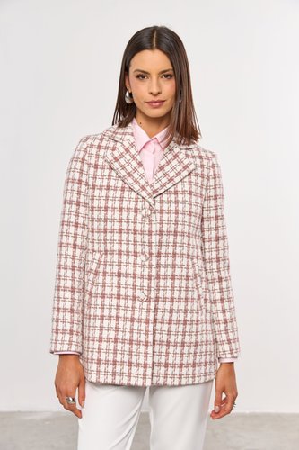 Casaco Feminino Xadrez Texturizado Rosa e Off White