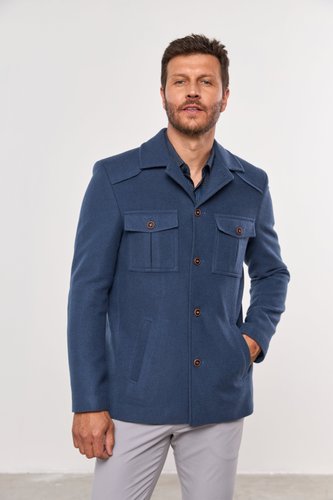 Casaco Masculino Curto de Lã com Bolsos Azul