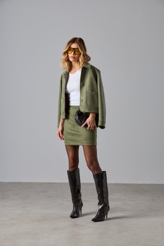 Jaqueta Curta de Efeito Suede com Bolsos Verde Militar