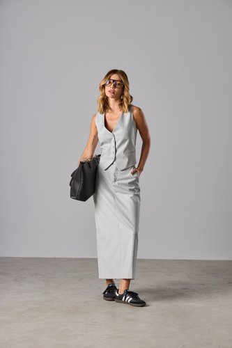 Saia Midi de Alfaiataria Premium Cinza Claro