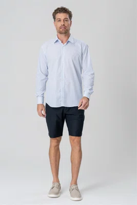 Camisa Masculina Slim Manga Longa e Colarinho Francês em Algodão Xadrez Azul e Branco